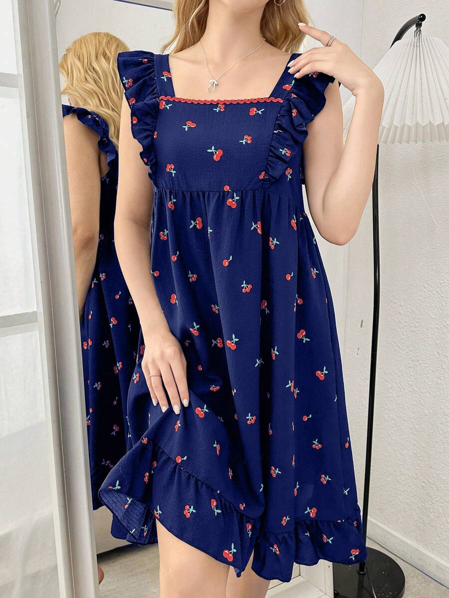 SHEIN CottageSlumber فستان نوم بطبعة أزهار الكرز بياقة مربعة وأكمام كتف