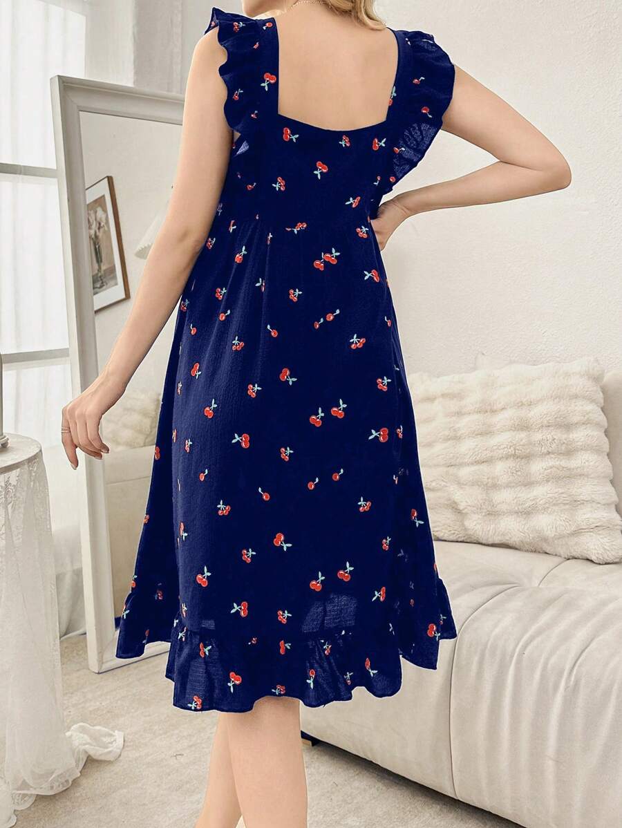 SHEIN CottageSlumber فستان نوم بطبعة أزهار الكرز بياقة مربعة وأكمام كتف