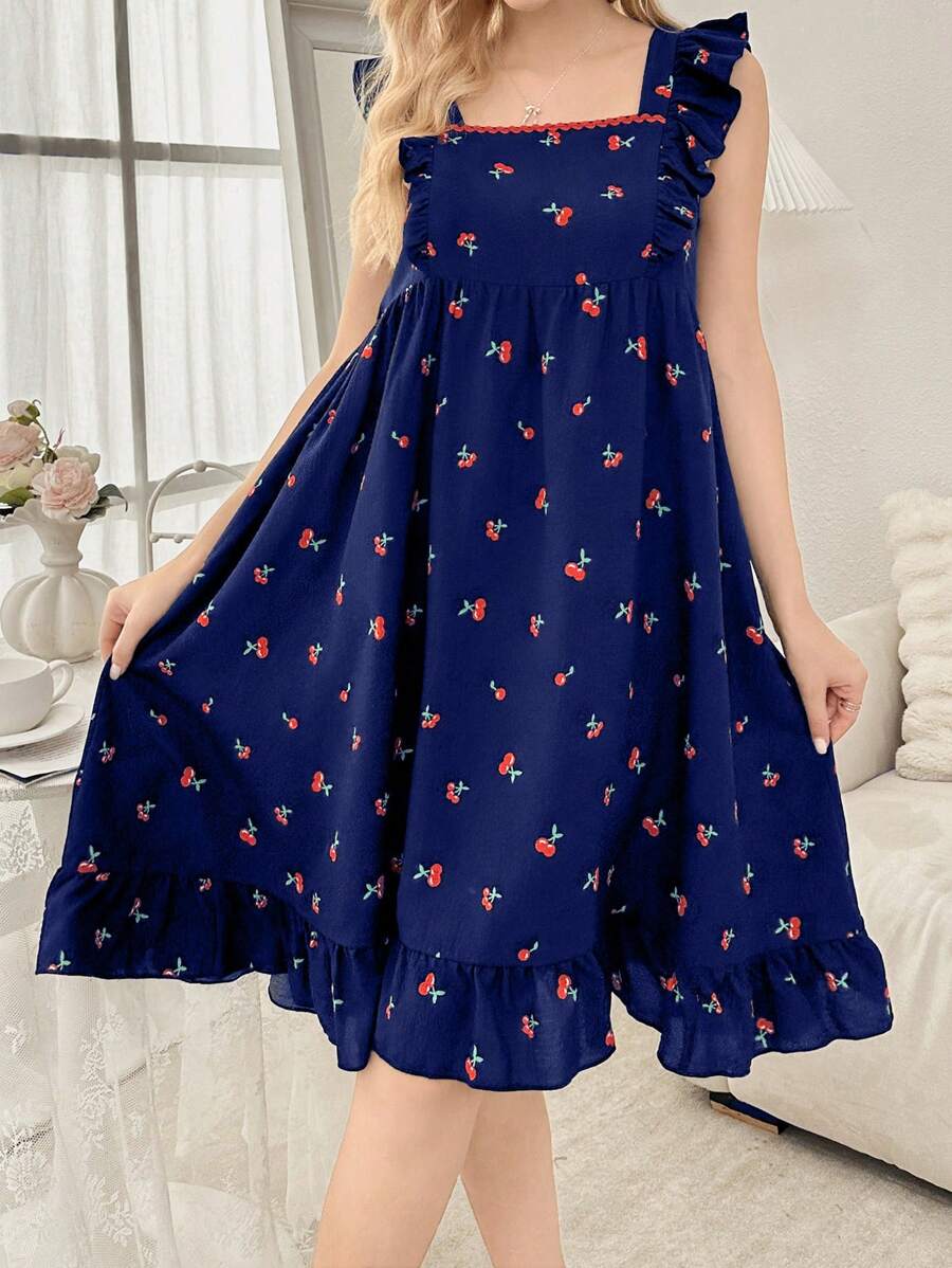 SHEIN CottageSlumber فستان نوم بطبعة أزهار الكرز بياقة مربعة وأكمام كتف