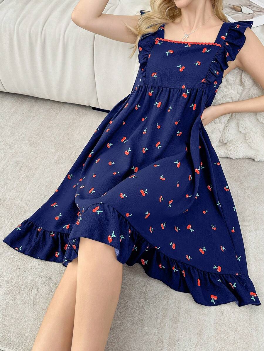 SHEIN CottageSlumber فستان نوم بطبعة أزهار الكرز بياقة مربعة وأكمام كتف