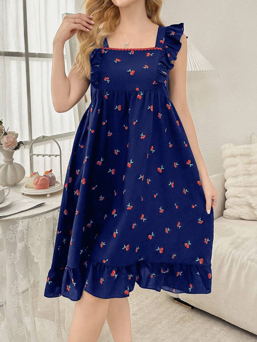 SHEIN CottageSlumber فستان نوم بطبعة أزهار الكرز بياقة مربعة وأكمام كتف