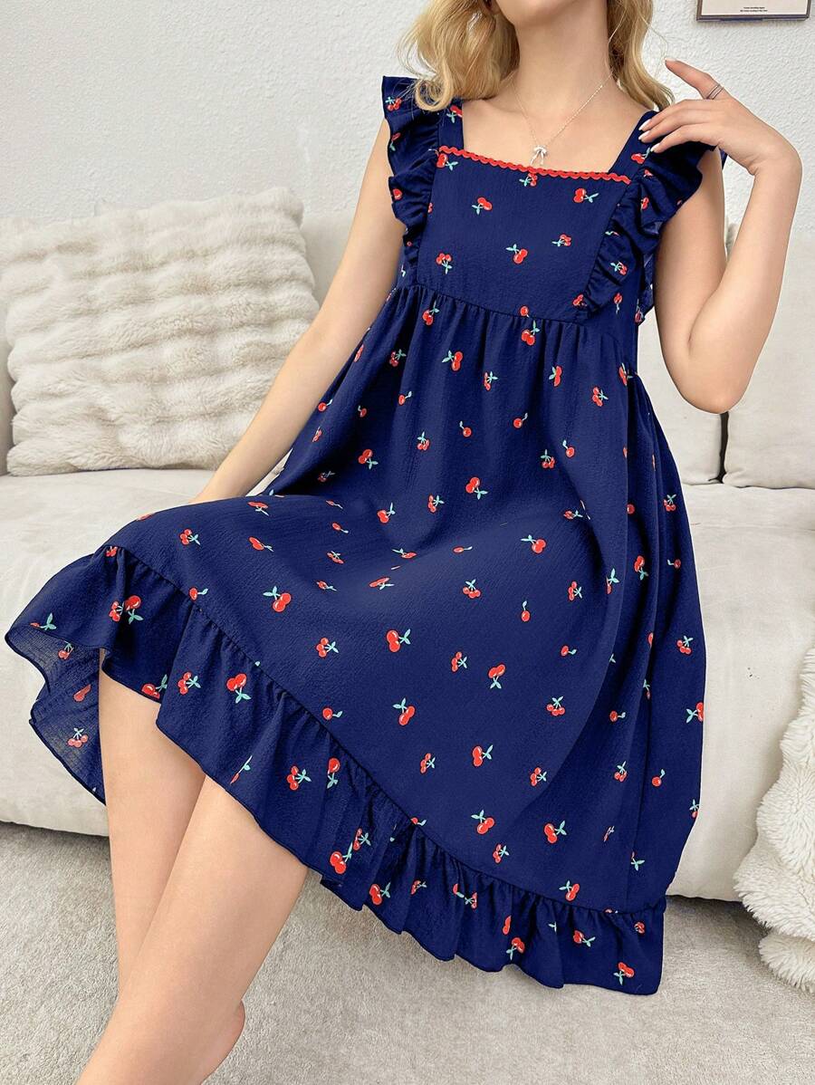 SHEIN CottageSlumber فستان نوم بطبعة أزهار الكرز بياقة مربعة وأكمام كتف