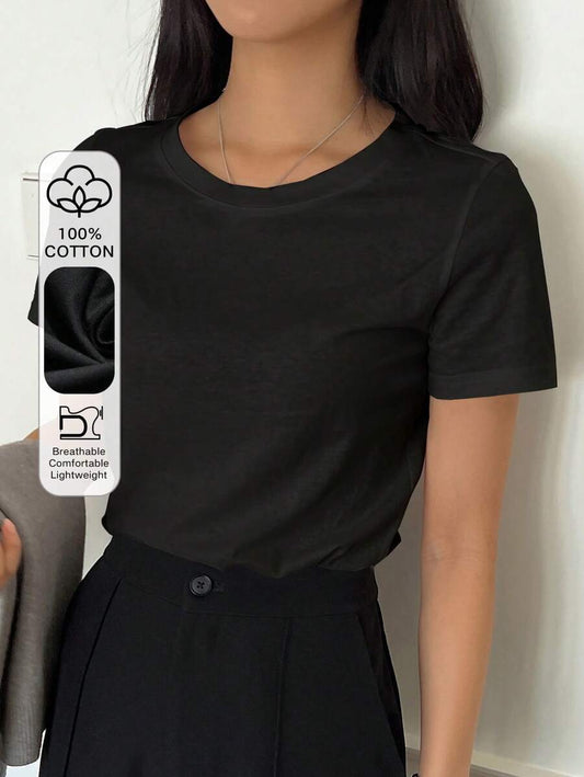 SHEIN DAZY تي شيرت نسائي أسود بياقة دائرية