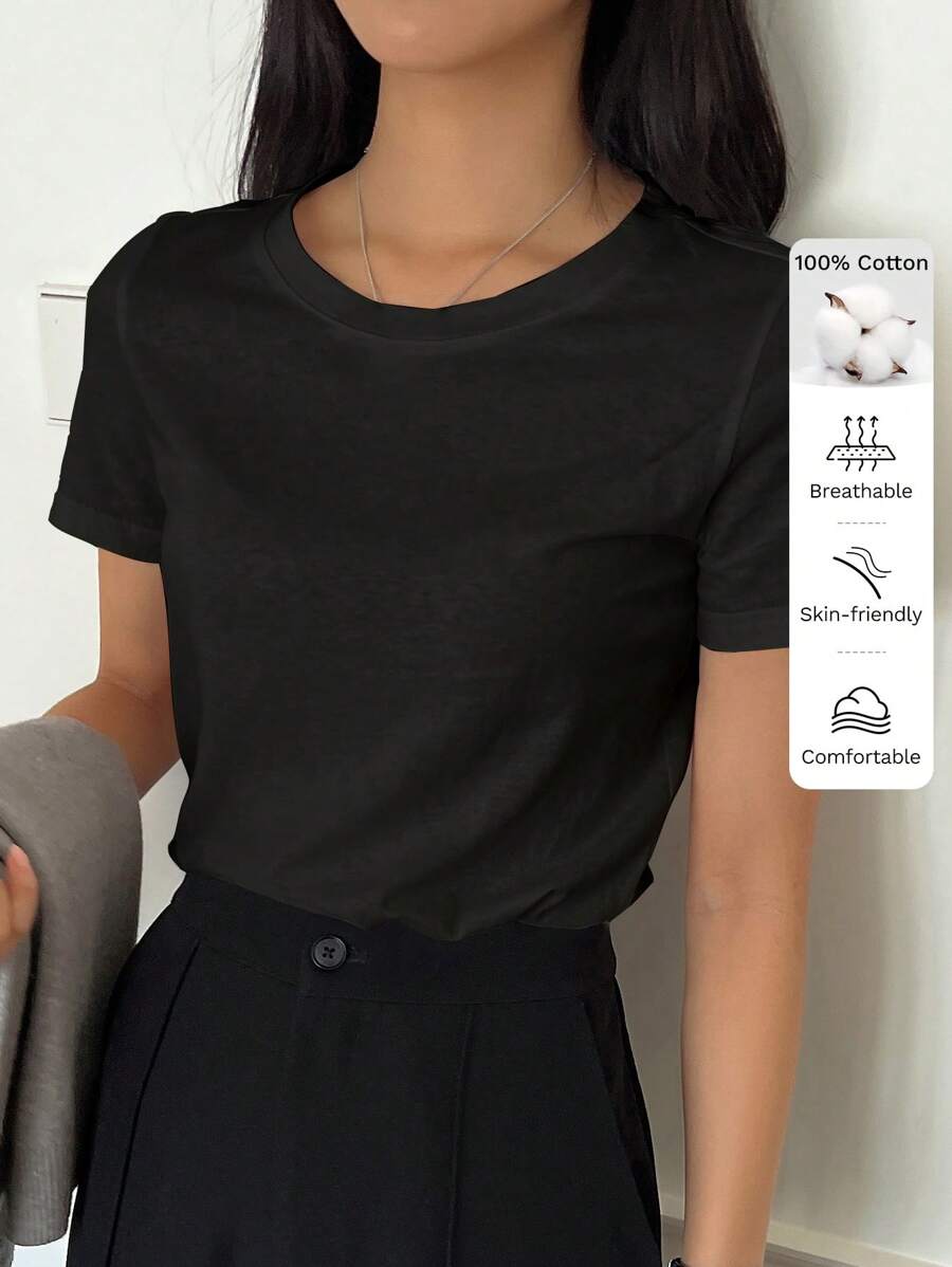 SHEIN DAZY تي شيرت نسائي أسود بياقة دائرية