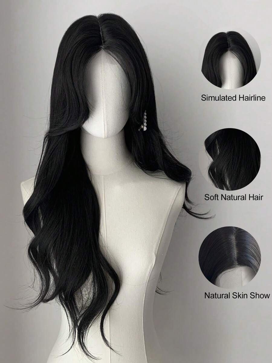 SHEIN شعر مستعار طويل مجعد دانتيل أمامي بلون أسود 26 بوصة