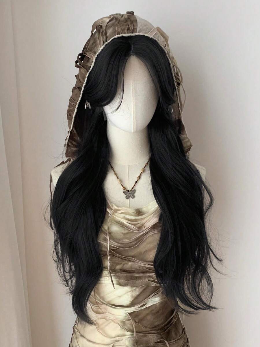 SHEIN شعر مستعار طويل مجعد دانتيل أمامي بلون أسود 26 بوصة