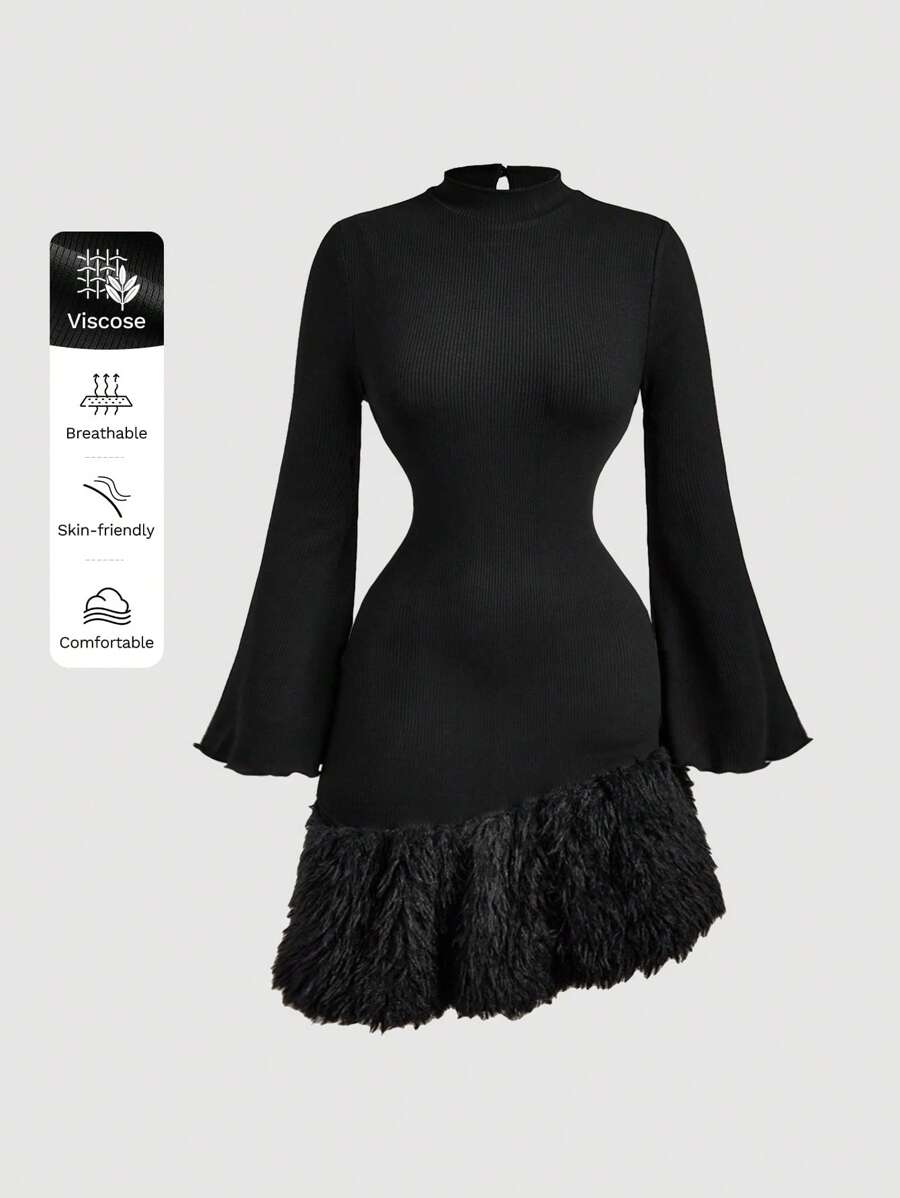 SHEIN MOD فستان أسود بكم طويل منفوخ بحافة غير متماثلة