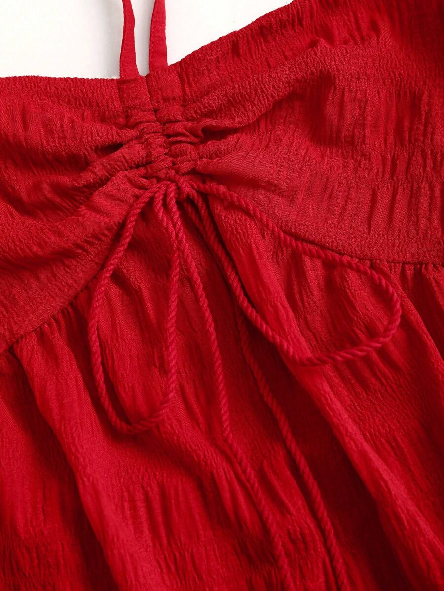 SHEIN Sweetra فستان أحمر بربطة كتف وظهر مكشوف وشق جانبي بدون أكمام