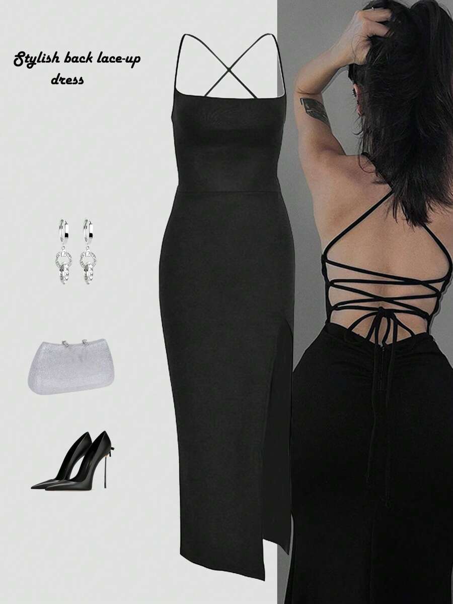 SHEIN فستان سليب أسود أنيق بأربطة ظهر وشق جانبي