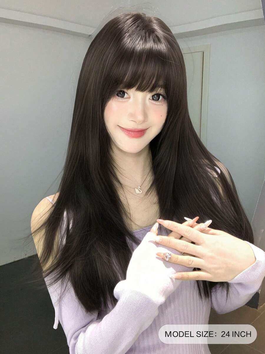 SHEIN SHUDUO باروكة شعر مستقيمة أسود بني 24 بوصة مقاومة للحرارة