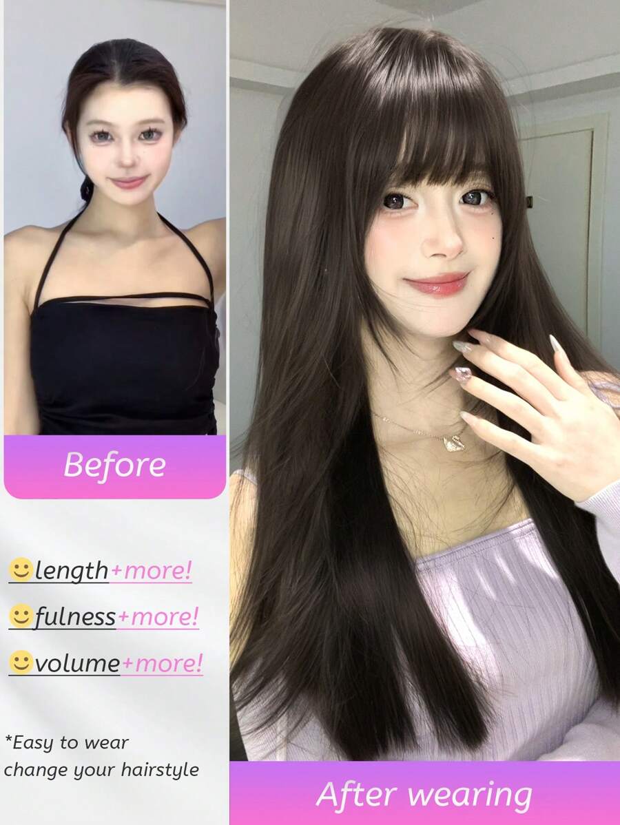 SHEIN SHUDUO باروكة شعر مستقيمة أسود بني 24 بوصة مقاومة للحرارة