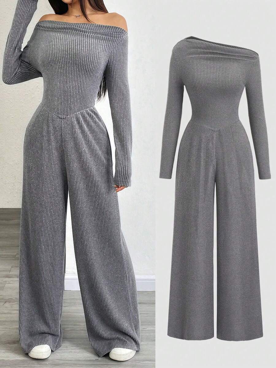 SHEIN Flirla جمبسوت نسائي قصير برقبة رمادي فحمي