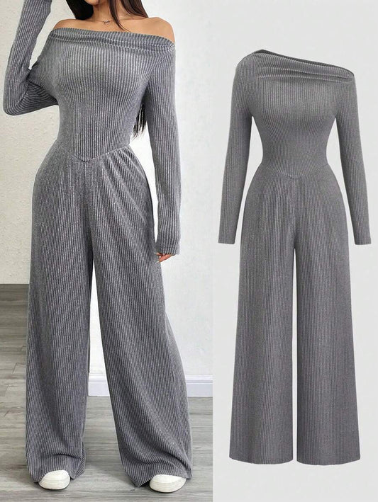 SHEIN Flirla جمبسوت نسائي قصير برقبة رمادي فحمي