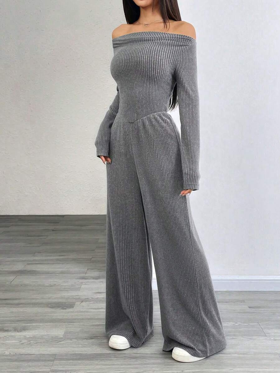 SHEIN Flirla جمبسوت نسائي قصير برقبة رمادي فحمي