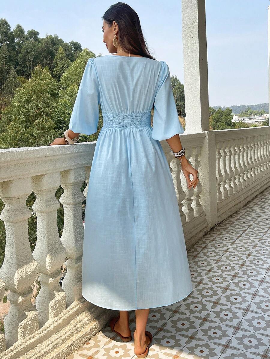 SHEIN VCAY V فستان أزرق بأكمام قصيرة وياقة