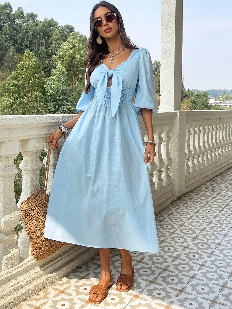 SHEIN VCAY V فستان أزرق بأكمام قصيرة وياقة