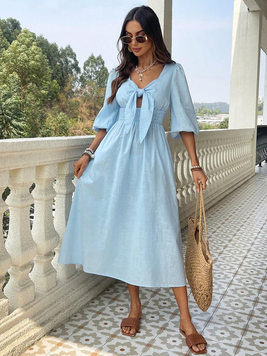 SHEIN VCAY V فستان أزرق بأكمام قصيرة وياقة