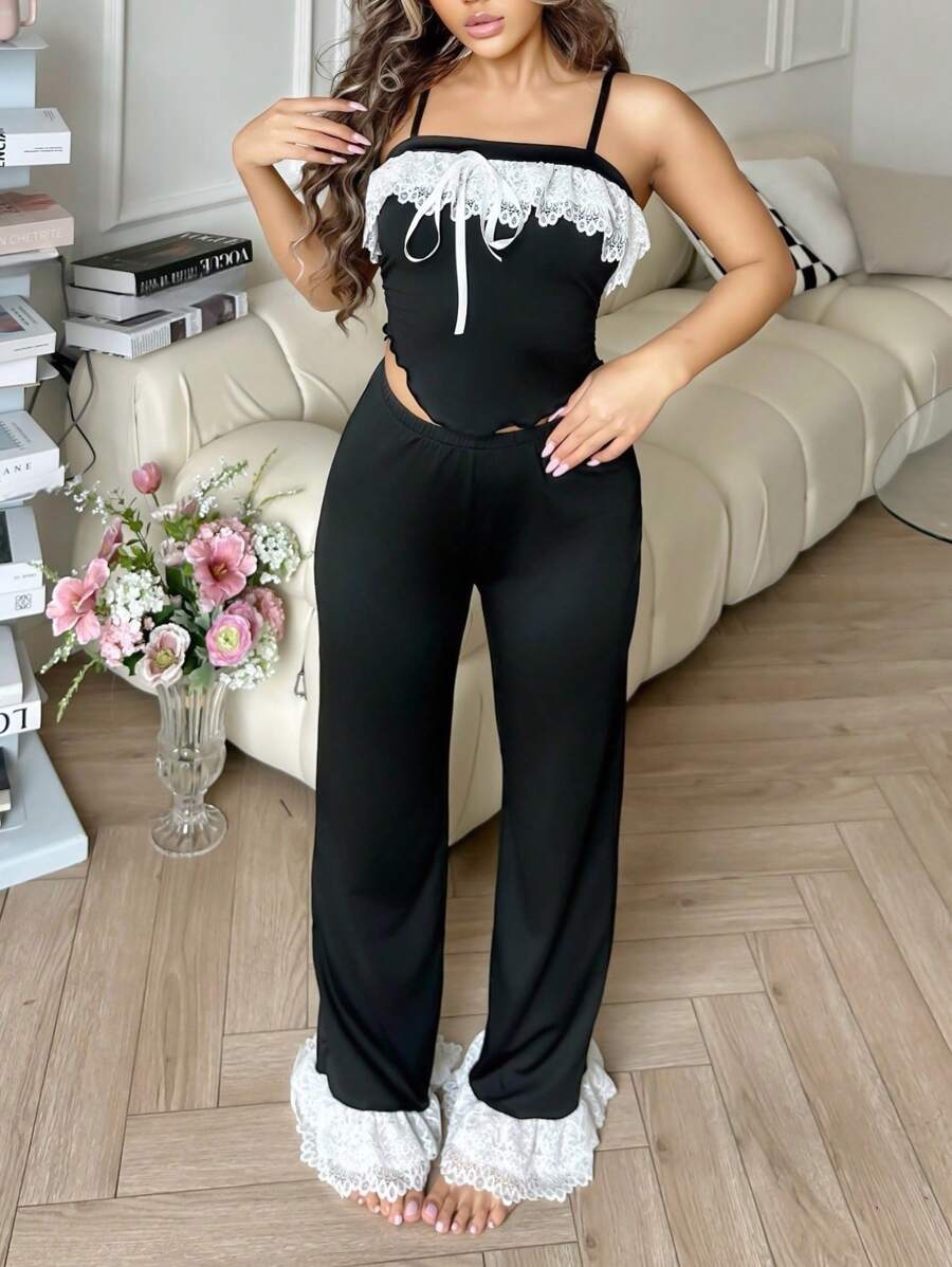 SHEIN SweetSlumber طقم بيجامة بتطريز دانتيل