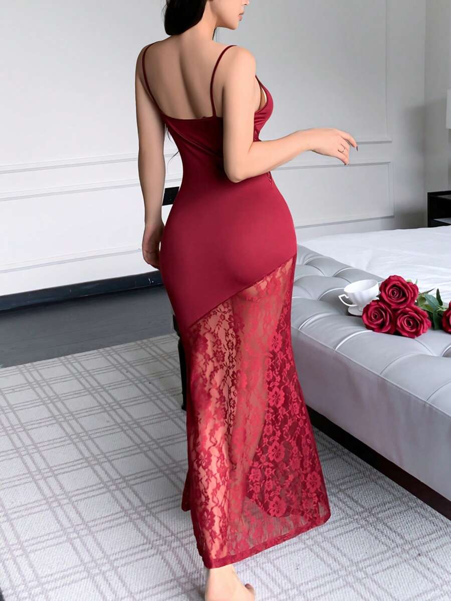 SHEIN Napfluff فستان نوم ماكسي من الدانتيل الفرنسي بدون أكمام