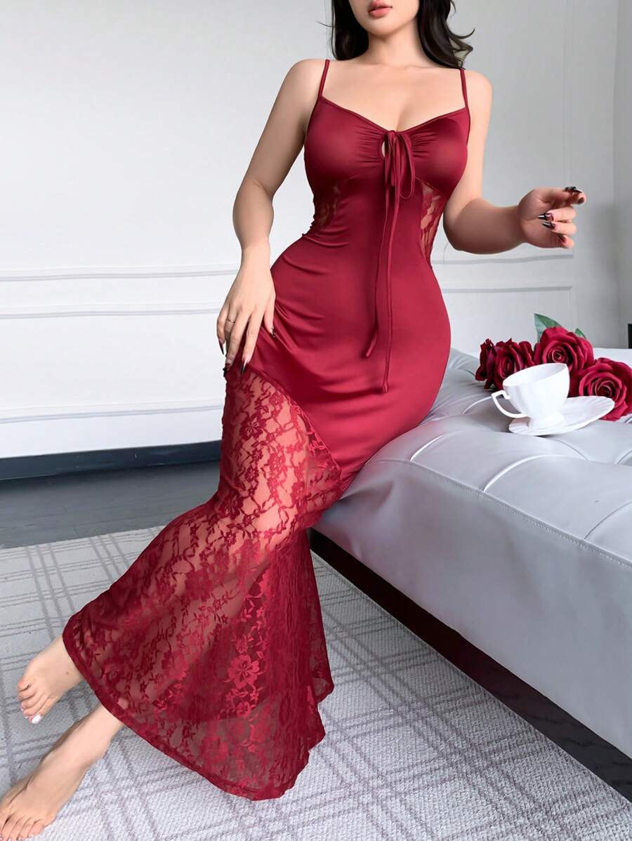 SHEIN Napfluff فستان نوم ماكسي من الدانتيل الفرنسي بدون أكمام