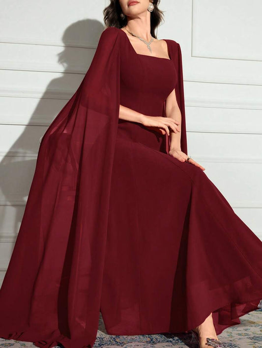 SHEIN Modelyn فستان سهرة عنابي طويل كاجوال وياقة مربعة