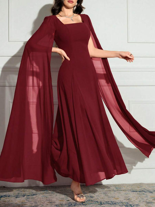 SHEIN Modelyn فستان سهرة عنابي طويل كاجوال وياقة مربعة