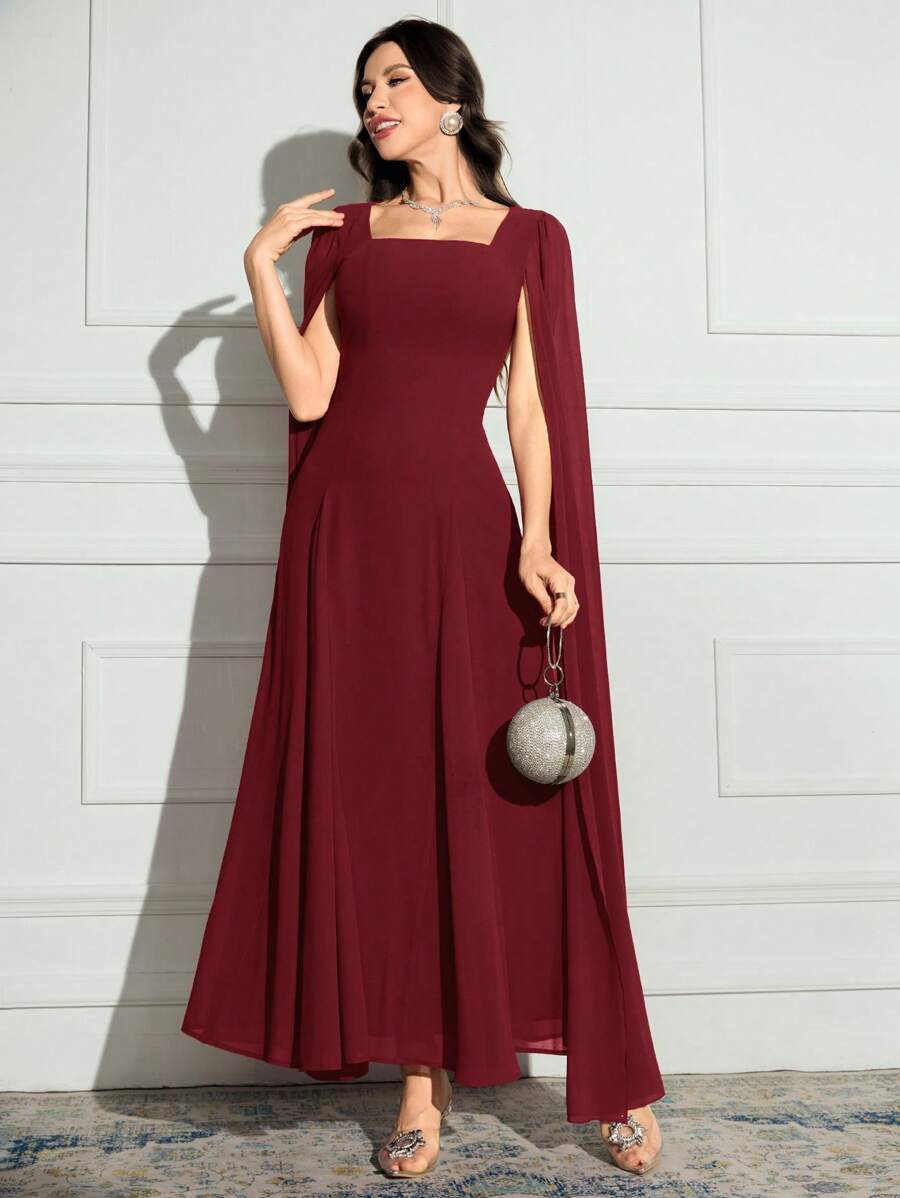 SHEIN Modelyn فستان سهرة عنابي طويل كاجوال وياقة مربعة