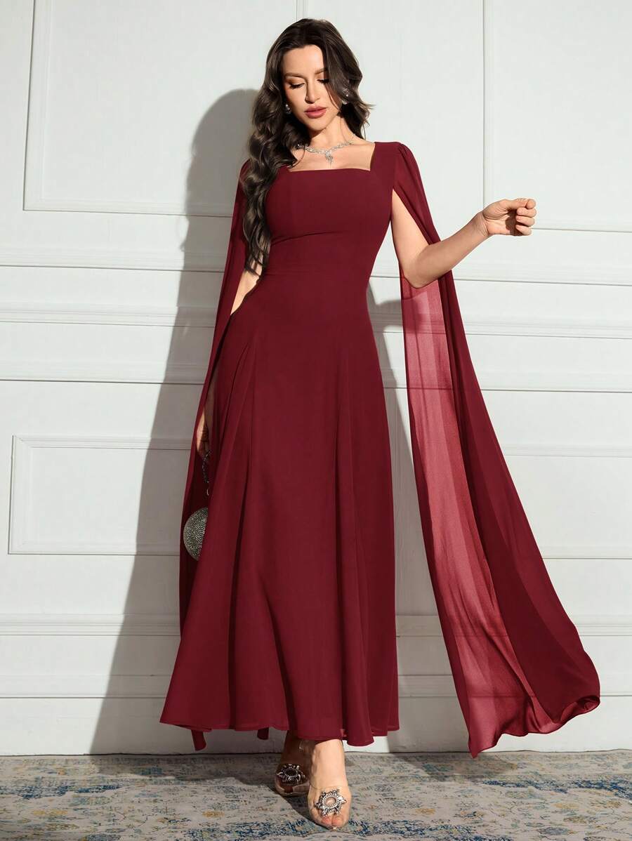 SHEIN Modelyn فستان سهرة عنابي طويل كاجوال وياقة مربعة