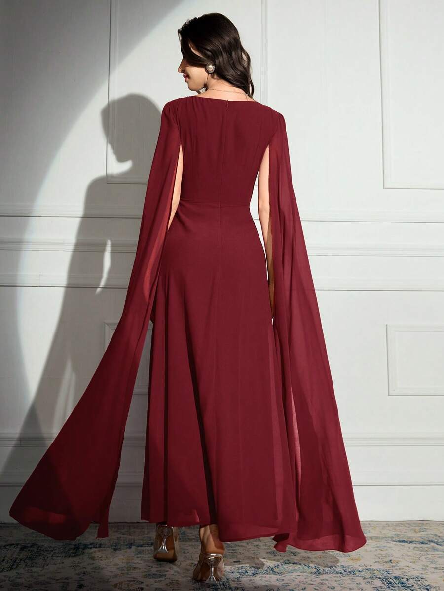 SHEIN Modelyn فستان سهرة عنابي طويل كاجوال وياقة مربعة