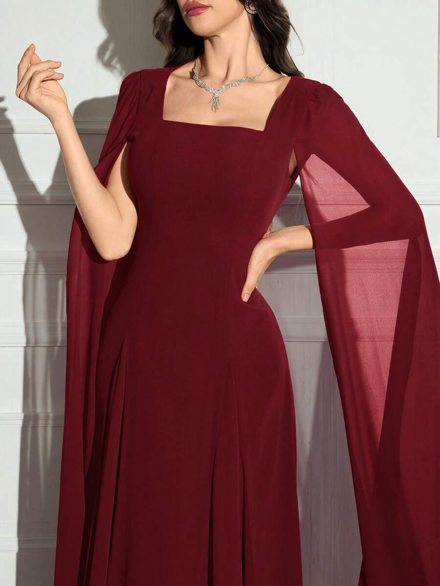 SHEIN Modelyn فستان سهرة عنابي طويل كاجوال وياقة مربعة