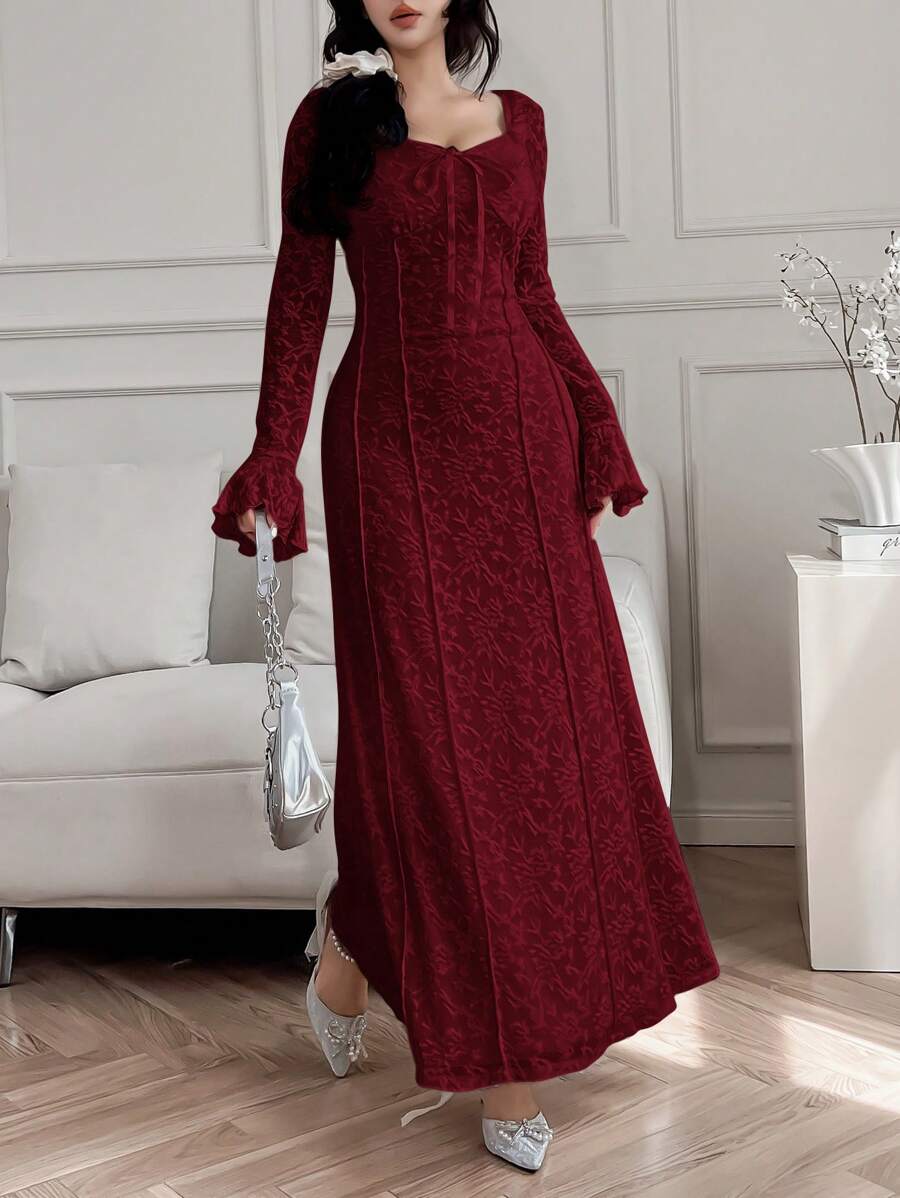 SHEIN Modelyn فستان سهرة عنابي طويل الأكمام