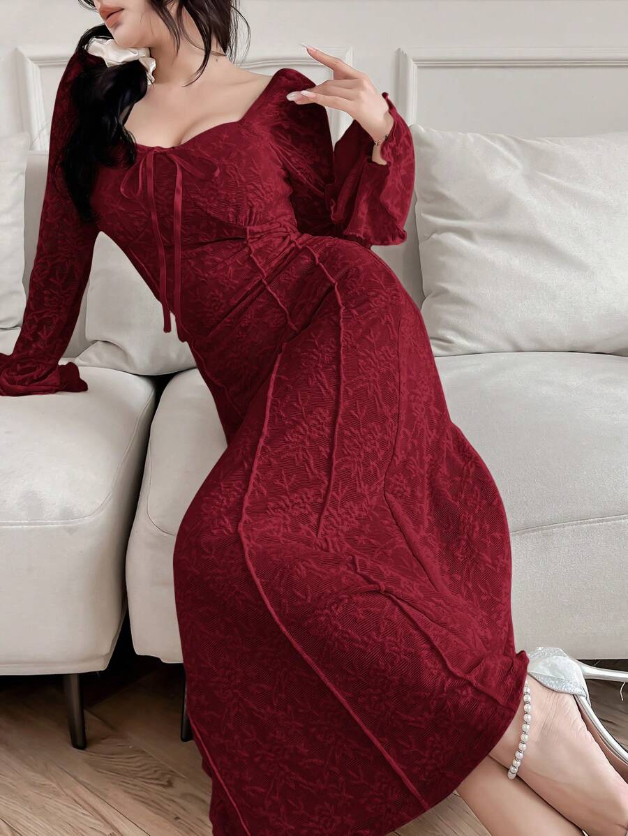 SHEIN Modelyn فستان سهرة عنابي طويل الأكمام