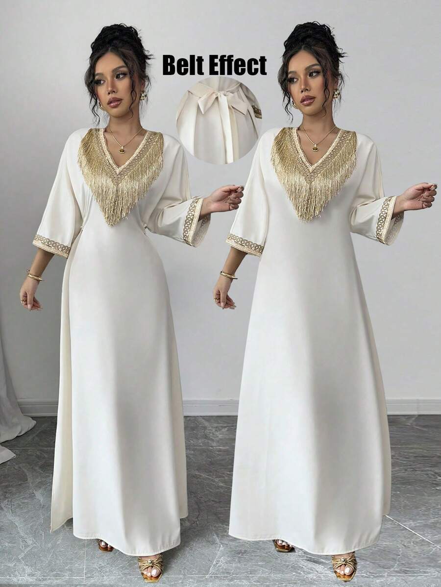 SHEIN Chiquease فستان طويل مزين بطرز زهري وشراشيب عند الرقبة وخصر ضيق
