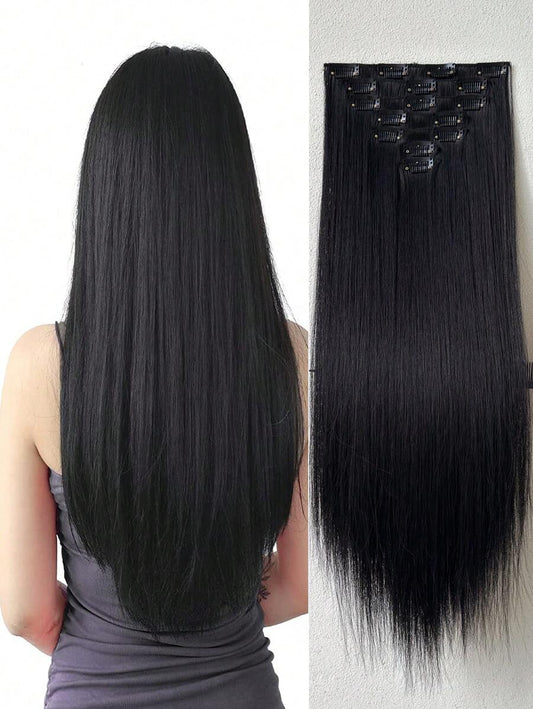 SHEIN تمديدات شعر اصطناعية سوداء 22 بوصة 7 قطع مع 16 مشبك
