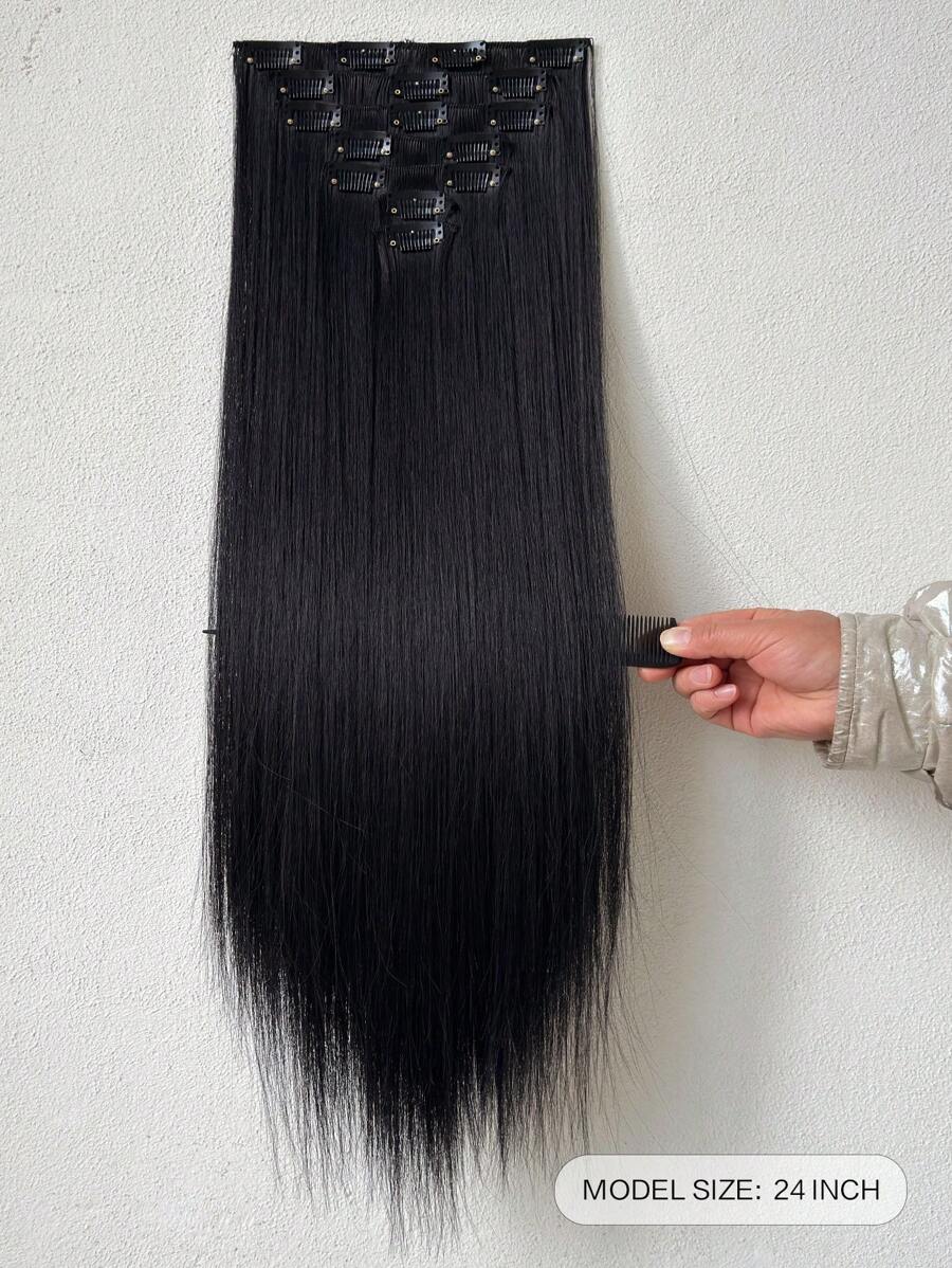 SHEIN تمديدات شعر اصطناعية سوداء 22 بوصة 7 قطع مع 16 مشبك