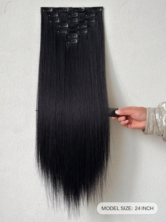 SHEIN تمديدات شعر اصطناعية سوداء 22 بوصة 7 قطع مع 16 مشبك