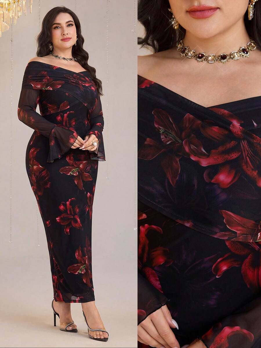 SHEIN Modelyn فستان للمقاسات الكبيرة بأكتاف مكشوفة وأكمام منسدلة بطبعة زهور