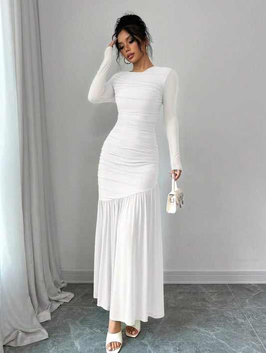 SHEIN Firerie فستان أبيض طويل من الشبك بأكمام طويلة وياقة دائرية
