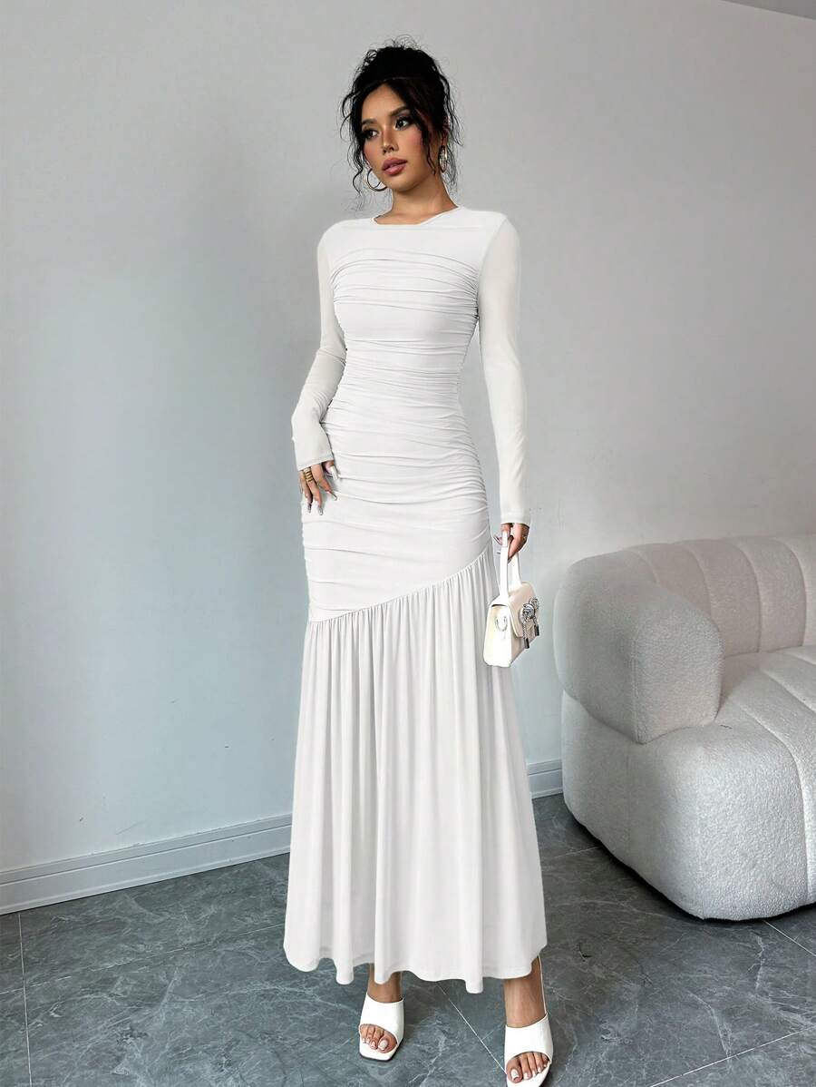 SHEIN Firerie فستان أبيض طويل من الشبك بأكمام طويلة وياقة دائرية