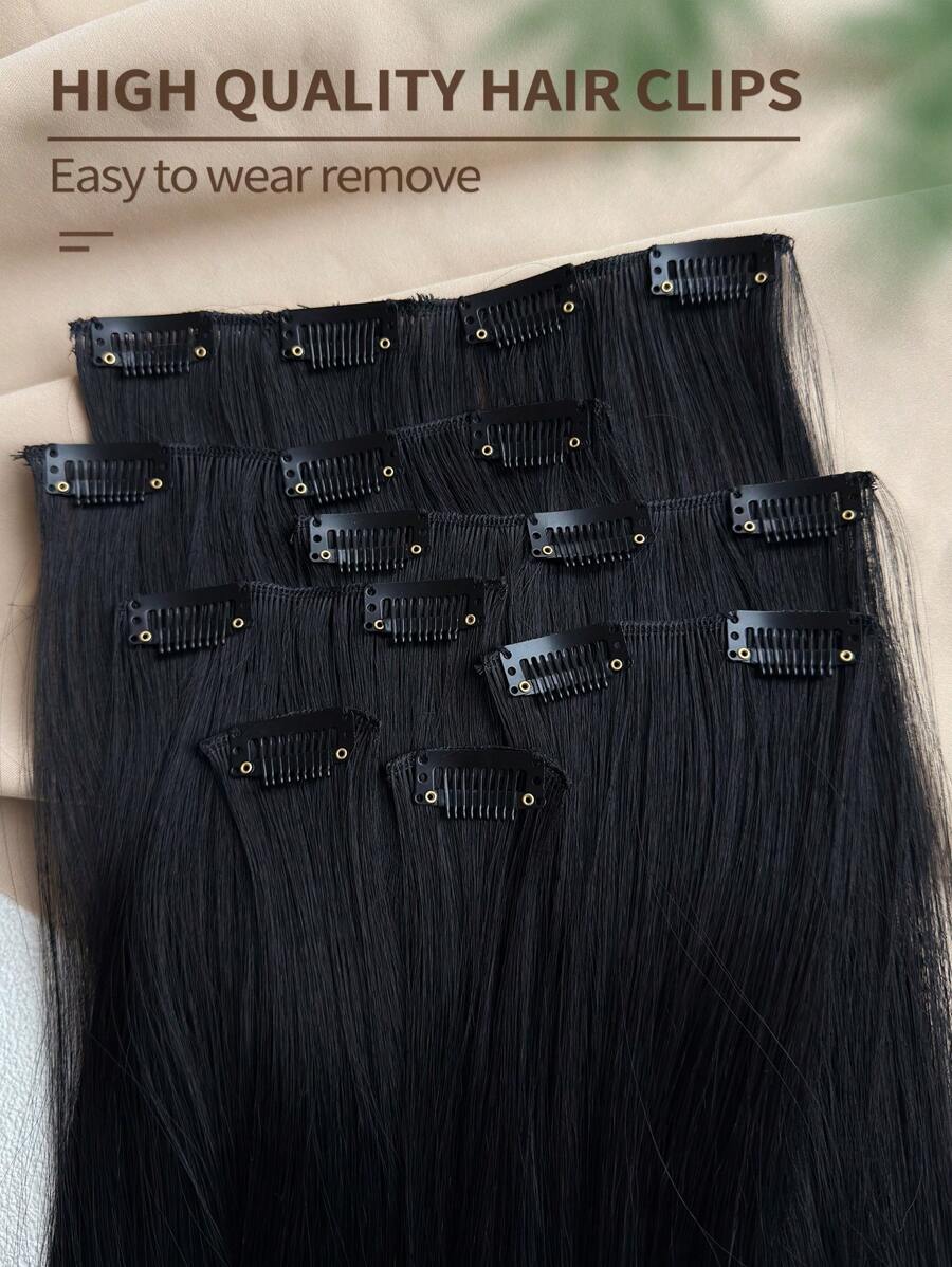 SHEIN تمديدات شعر اصطناعية سوداء 22 بوصة 7 قطع مع 16 مشبك