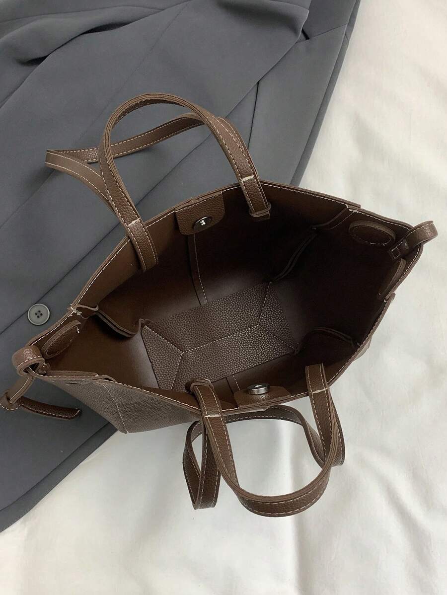 SHEIN حقيبة يد بنية كبيرة بسعة واسعة وتصميم عصري
