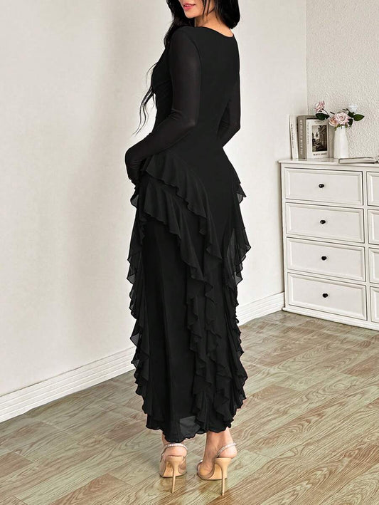 SHEIN Modelyn فستان اسود بياقة مكشكشة وتنورة متسعة