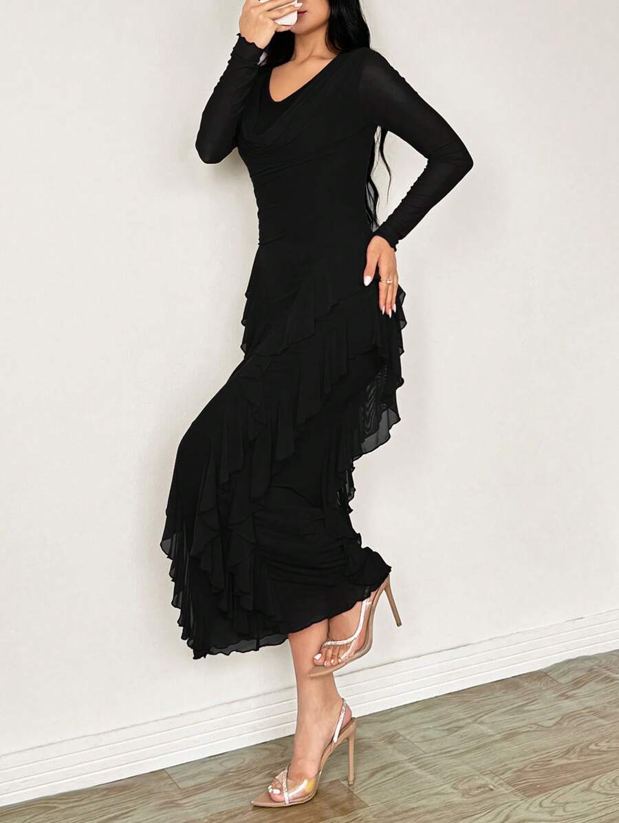 SHEIN Modelyn فستان اسود بياقة مكشكشة وتنورة متسعة