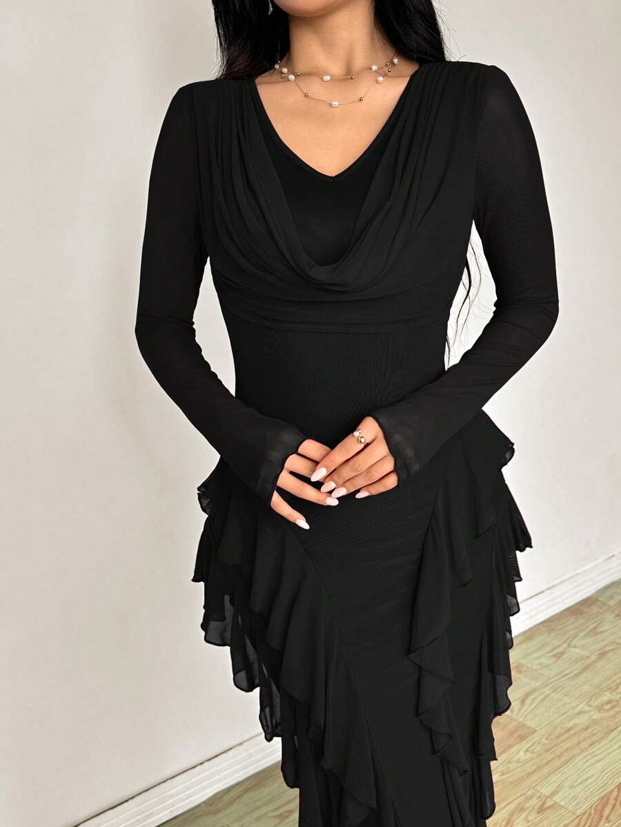 SHEIN Modelyn فستان اسود بياقة مكشكشة وتنورة متسعة