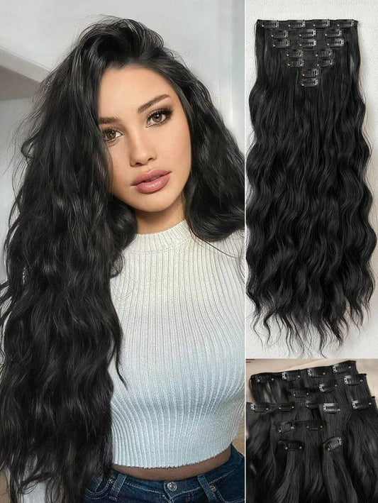 SHEIN إضافات شعر صناعي مموج مائي أسود 22 بوصة 16 مشبك