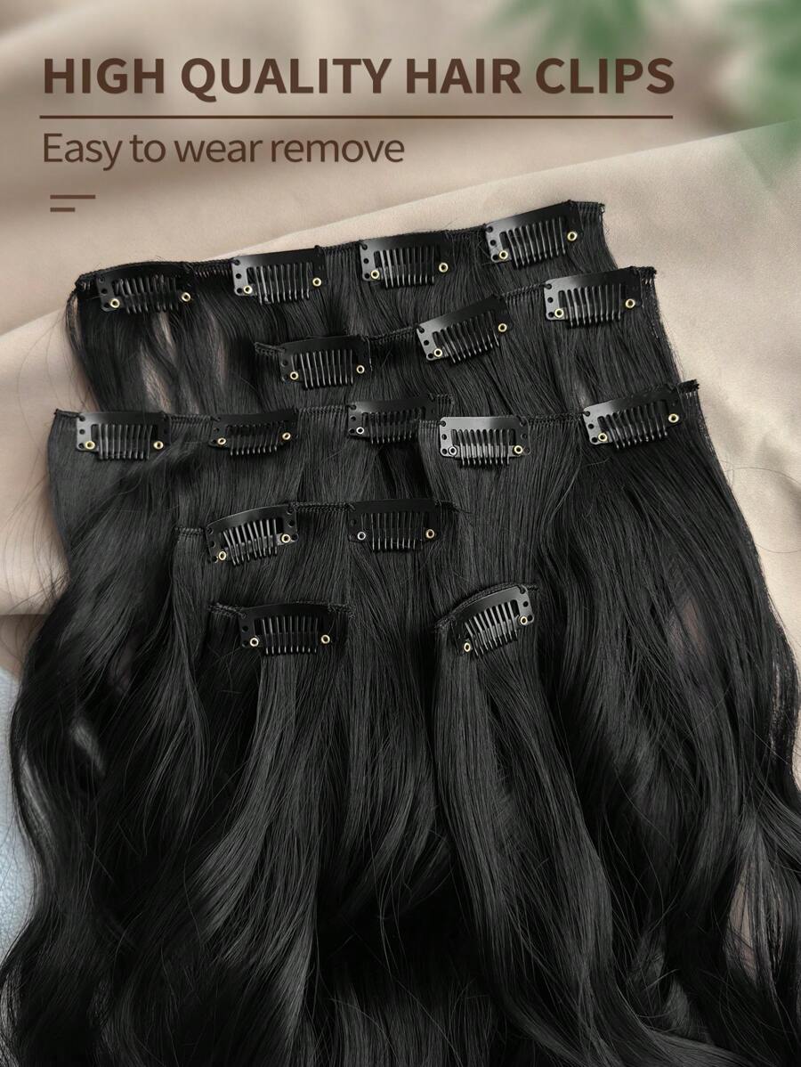 SHEIN إضافات شعر صناعي مموج مائي أسود 22 بوصة 16 مشبك
