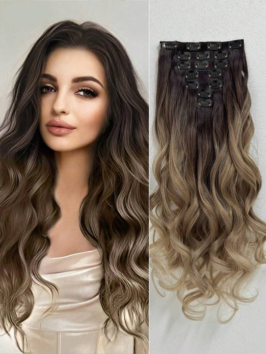 SHEIN باروكة إضافات شعر 7 قطع 22 بوصة بلون أسود بني متموج