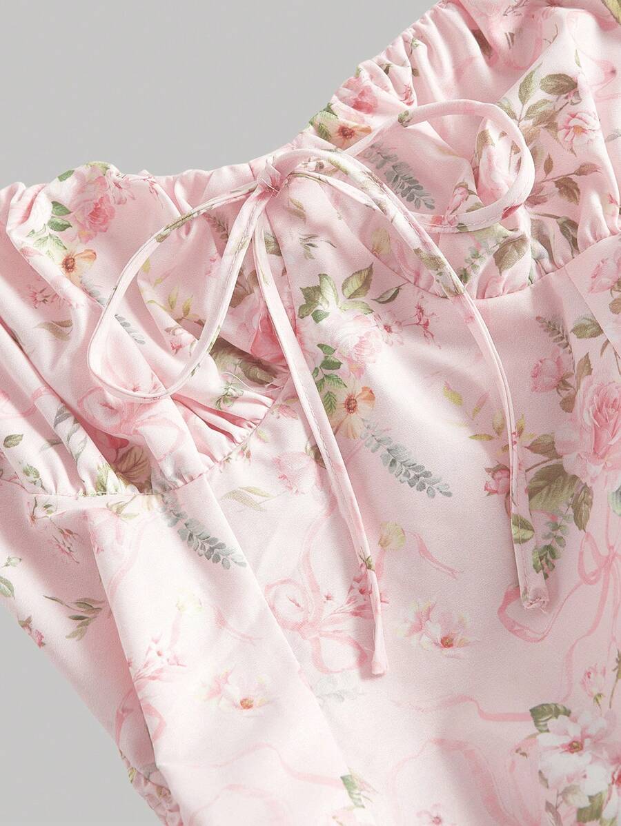 SHEIN MOD فستان وردي مطبوع بزهور وردية مع عقدة وحبك الرقبة