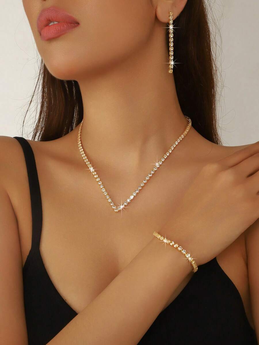 SHEIN طقم مجوهرات ذهبي 3 قطع مرصع بالراين أنيق ولامع