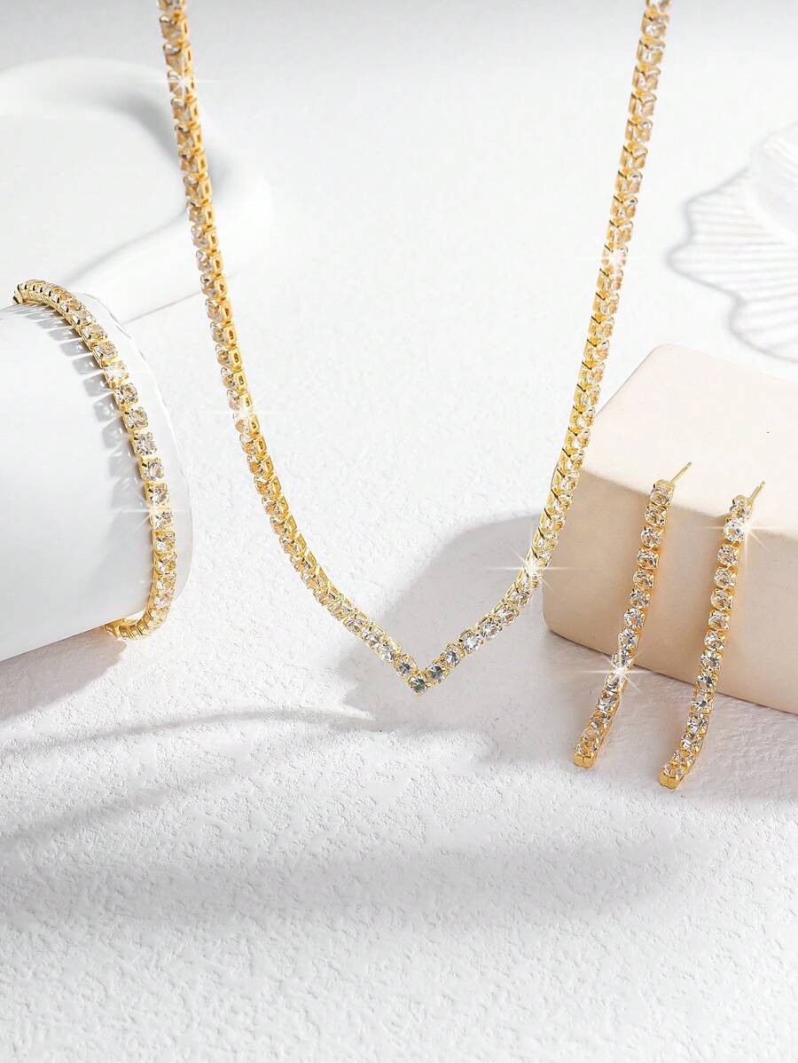 SHEIN طقم مجوهرات ذهبي 3 قطع مرصع بالراين أنيق ولامع